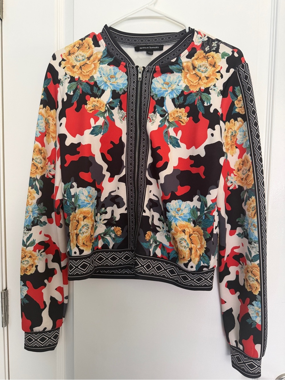 Jealous Tomato Floral & Camo Print Bomber Jacket - Black, Red, Yellow, Blue